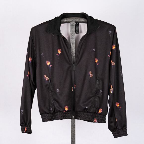 Adidas Women's Full Zip Rose Floral Print Track Jacket Size SMALL Pockets Black - Picture 2 of 7